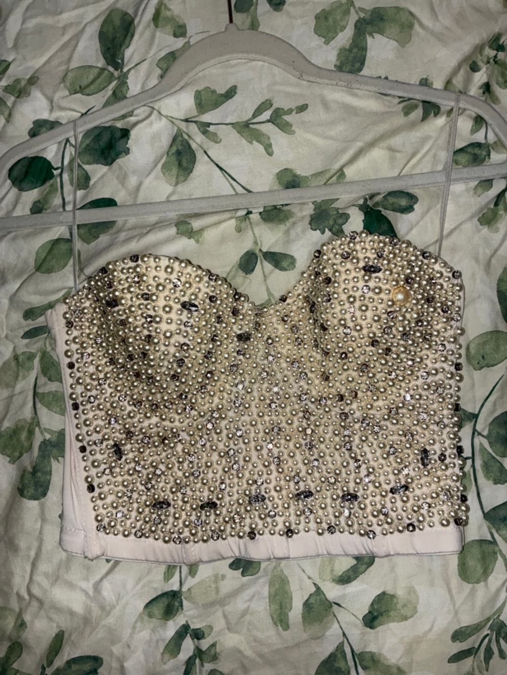 San Joy Ivory Pearl-Embellished Strapless Crop Top